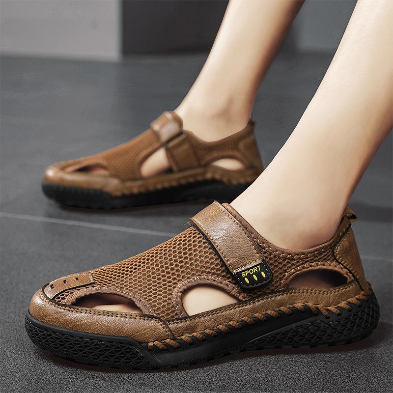 2024 Summer New Genuine Leather Breathable Outdoor Beach Sandals Men's Creek Wading Shoes Soft Sole Durable Casual Leather Shoes