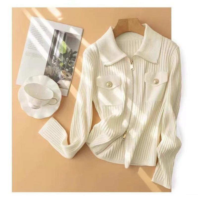 Autumn and Winter New Knitted Cardigan Women's Fashion Slim-fit Short Double Zipper Lapel Women's Sweater Jacket