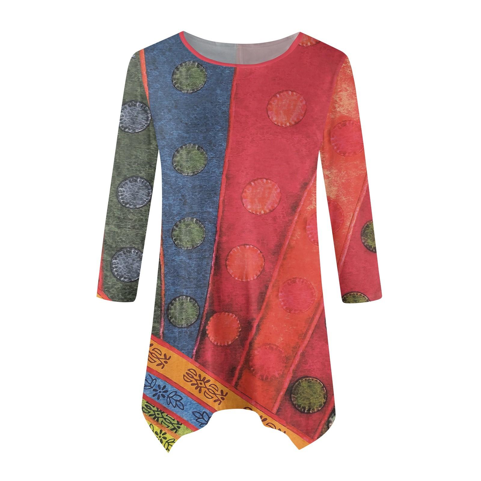 

Женская мода повседневная рубашка с круглым вырезом, контрастным принтом и рукавом-семью, свободная удобная рубашка на талии L