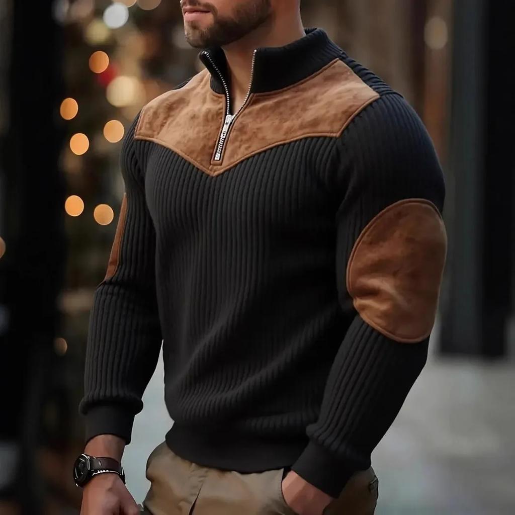 Vintage Patchwork Corduroy Sweatshirt for Men Stand Collar Casual Loose Pullover Half Zipper Hoodie Man