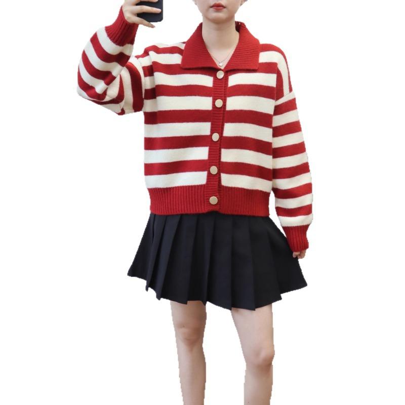 Retro contrasting color striped lapel knitted cardigan autumn and winter new design loose sweater jacket women