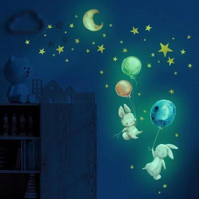 Adhesivo Conejo Brilla en la Oscuridad Globo Conejo Estrella Adhesivo de Pared para Niños Habitación Dormitorio de Niñas Decoración del Hogar Papel Pintado 2024
