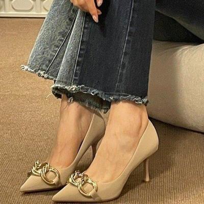 2025 Spring and Summer New Women's European and American Style Metal Chain Pointed Shallow Cut Thin High Heel Single Shoes