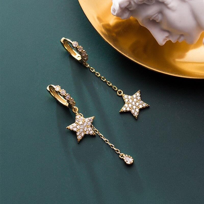 925 Sterling Silver Star Water Drop Asymmetric Hoop Earrings for Women Cubic Zircon Earrings Jewelry S-E1089
