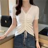 2023 Summer Women's V-Neck Ice Silk Knitwear, Slimming Half-Sleeve Top with Button Drawstring