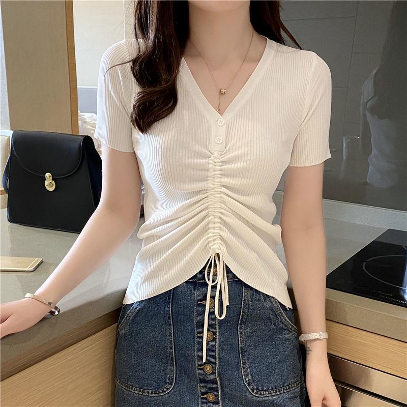 2023 Summer Women's V-Neck Ice Silk Knitwear, Slimming Half-Sleeve Top with Button Drawstring