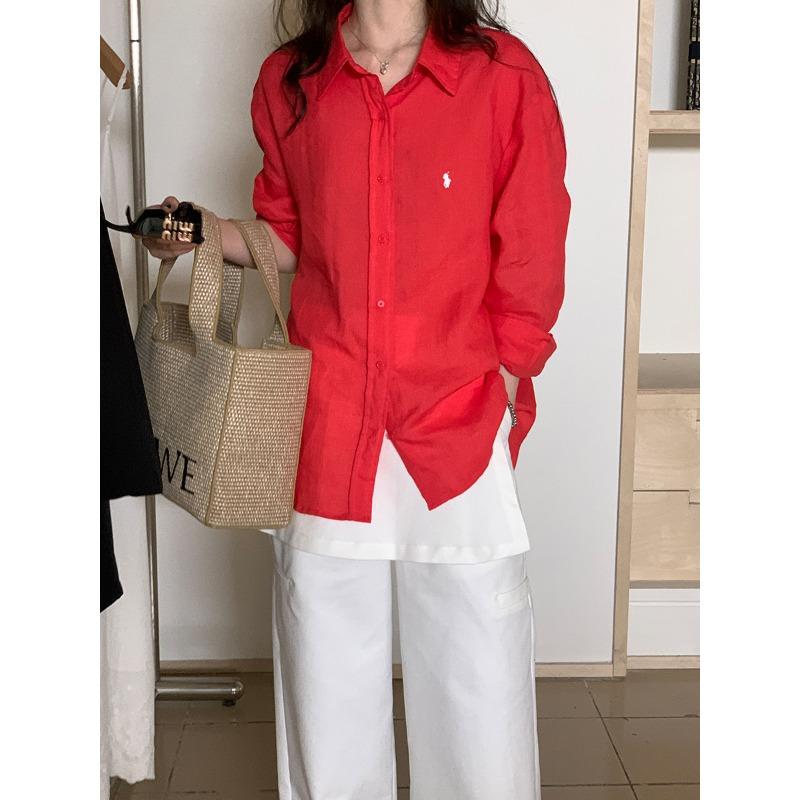 

Красная рубашка с длинными рукавами из ретро-рами из ткани рами, солнцезащитный крем, женская, весна-лето, новая свободная универсальная рубашка с лацканами M красный
