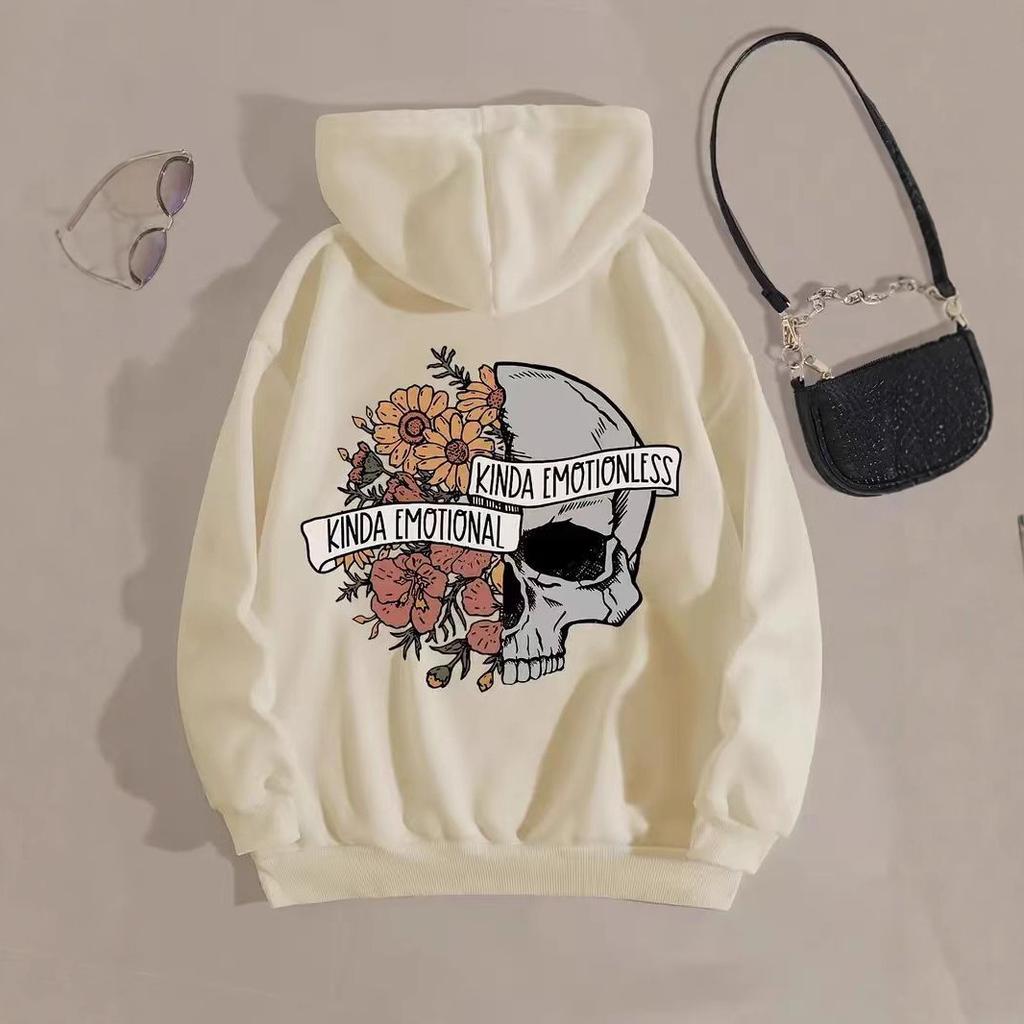 Ladies Spring Autumn Casual Hooded Long Sleeve Big Pocket Halloween Skull Flower Printed Pullover Hoodies Sweatshirt Top