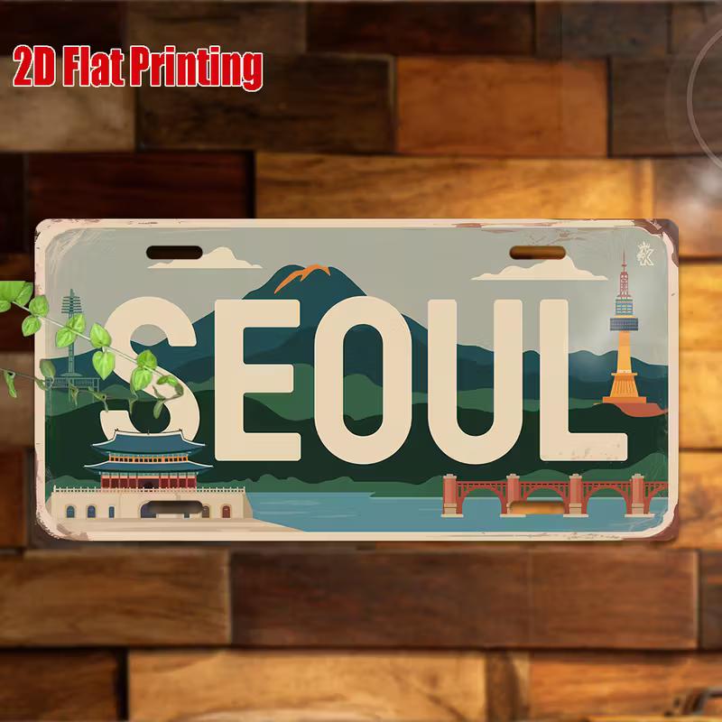 D Flat pc Vintage Metal License Plate of Seoul Korea Korean Retro Wall Decor with Namsan Tower Gyeongbokgung Palace 15x30cm(5.9x7.8inch)