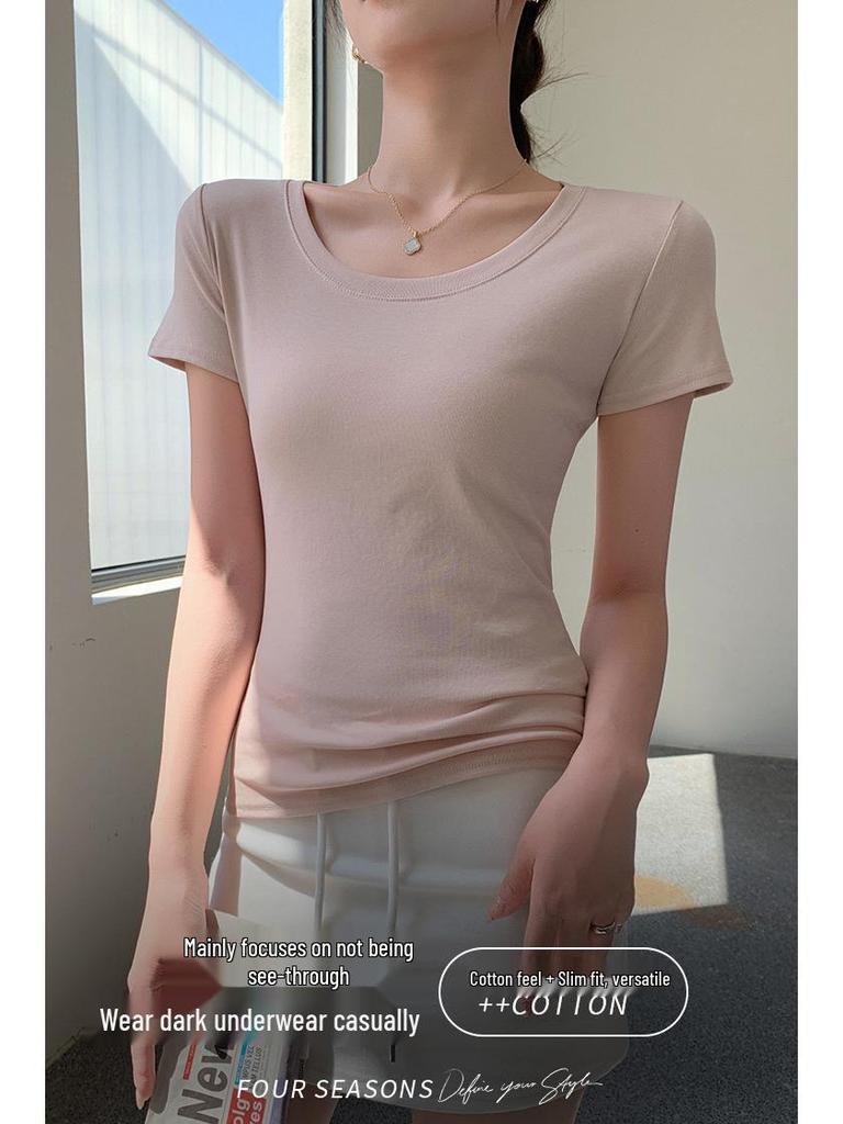 Women's Slim Fit Cotton U-Neck Short Sleeve Base Layer T-shirt