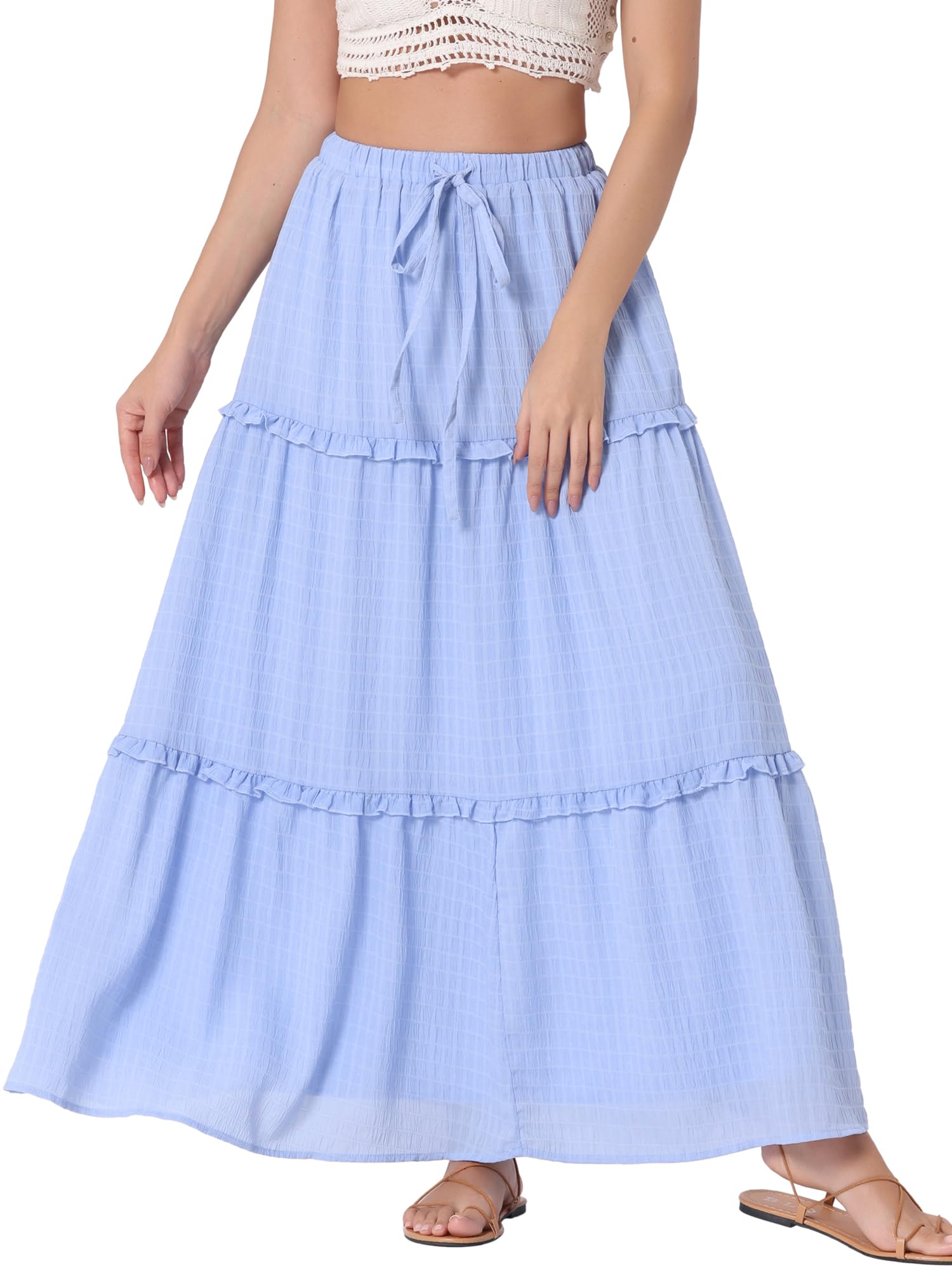

Allegra K Women s High-Waisted Tiered Maxi Skirt with Belt, Ruffles, and Plaid Pattern, Casual A-Line, Light Blue, Size L
