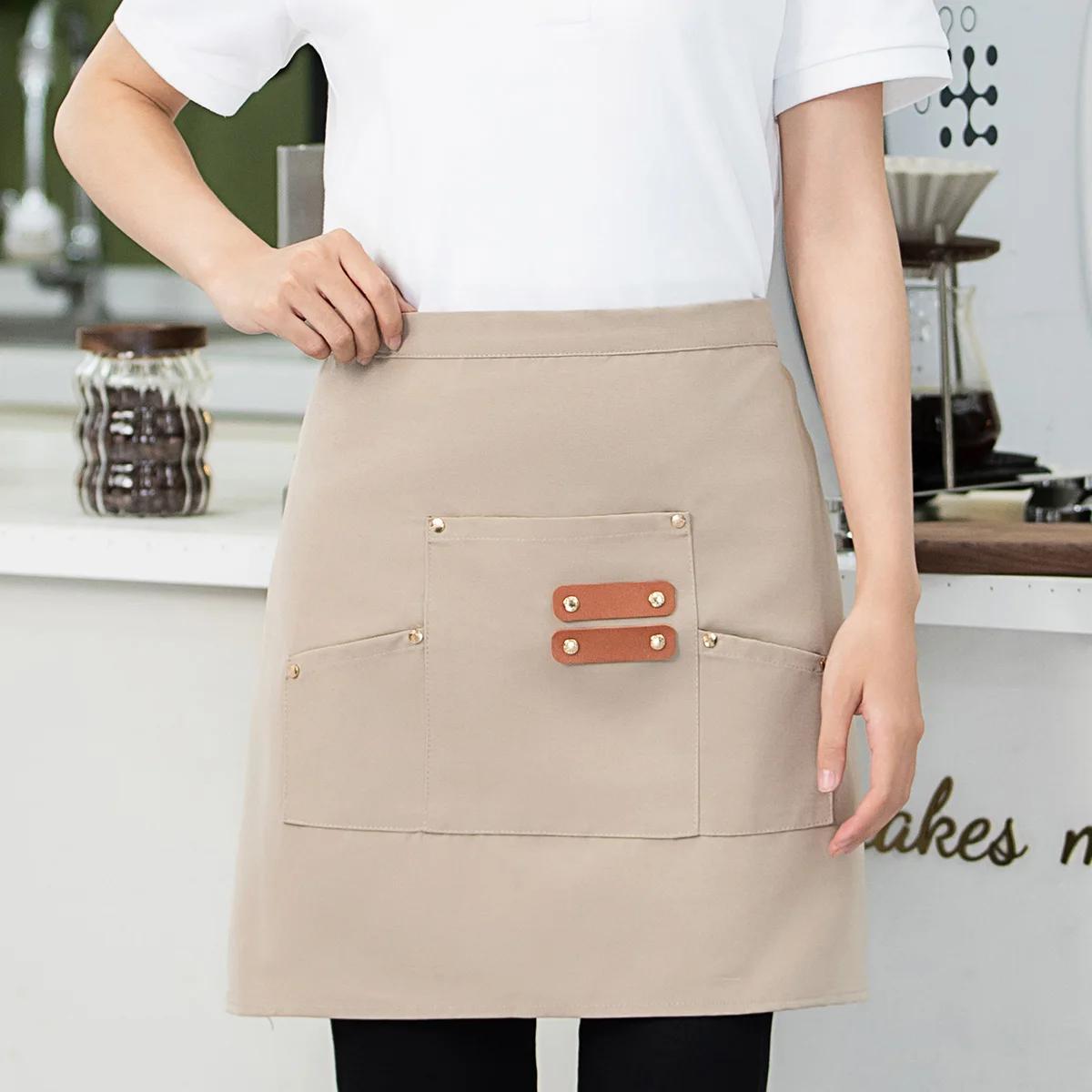 Unisex Short Waist 3D Three-dimensional Restaurant Kitchen Canvas Waterproof Apron 3 Pockets Design One Size