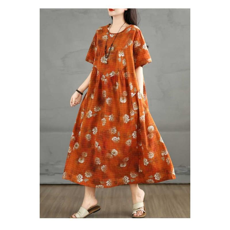 Summer Retro Cotton and Linen Round Neck Short Sleeved Dress, Women's Loose Letter Skirt