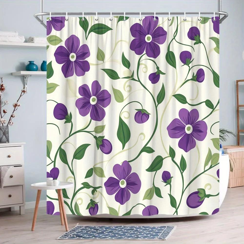 Floral Shower Curtain - Purple Flowers on Cream, 12 Hooks, Durable Polyester, Machine Washable, Elegant Bath Decor