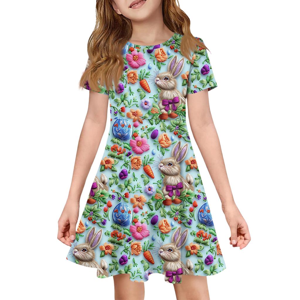 Girl Summer Dress Color & Print Short Sleeve Dress With Pocket Casual Dress Shorts Sleeve Party Dress Easter Day