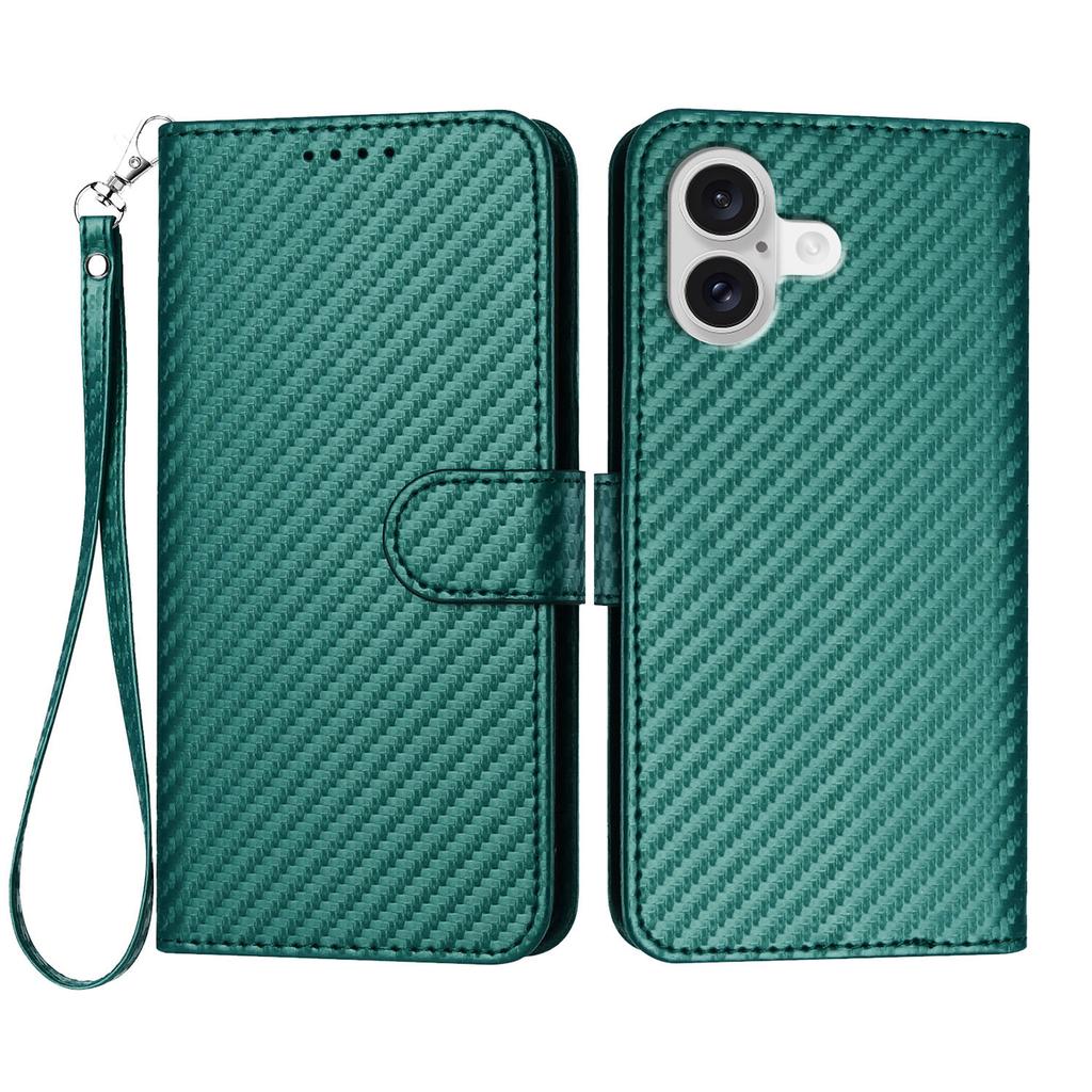 For iPhone 17 Wallet Case with Strap Carbon Fiber Texture Leather Mobile Cover