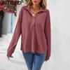 BITCED Women's Fall/Winter Polo Neck Button-Up Solid Color Long-Sleeve T-Shirt