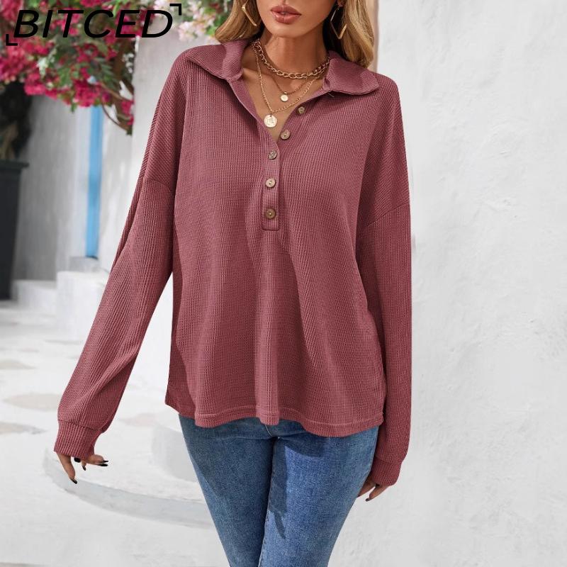 BITCED Women's Fall/Winter Polo Neck Button-Up Solid Color Long-Sleeve T-Shirt