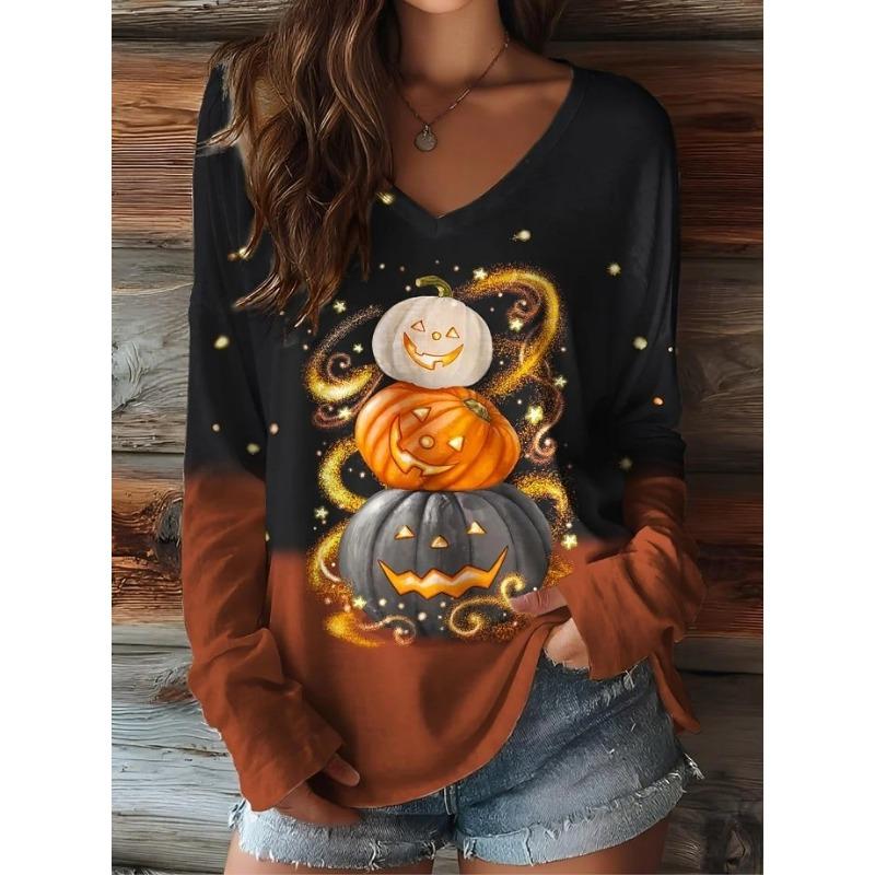 

Women s T-Shirts Pumpkin Halloween Elegant Vintage Graphic Tee Long Sleeve T-shirts V-Neck Regular Tops Casual Pullover For Fall XL