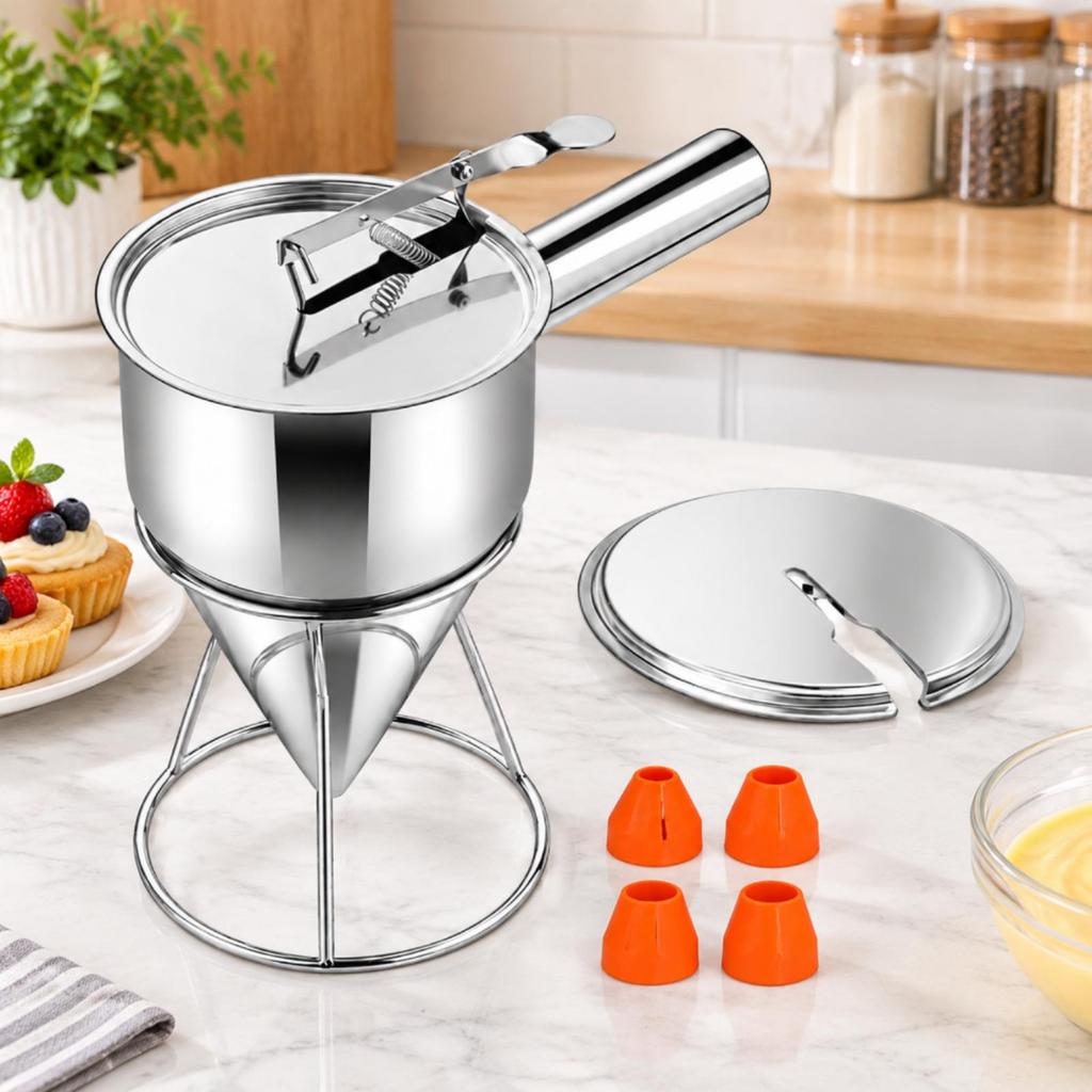 metal Batter Dispenser Control with Stand Funnel for Home Cooks, Food Stall