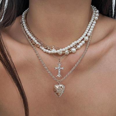 Fashion Imitation Pearl Necklace Ornament Fall and Winter Clavicle Chain Cross Pendant Heavy Industry Multi-Layer Choker Female