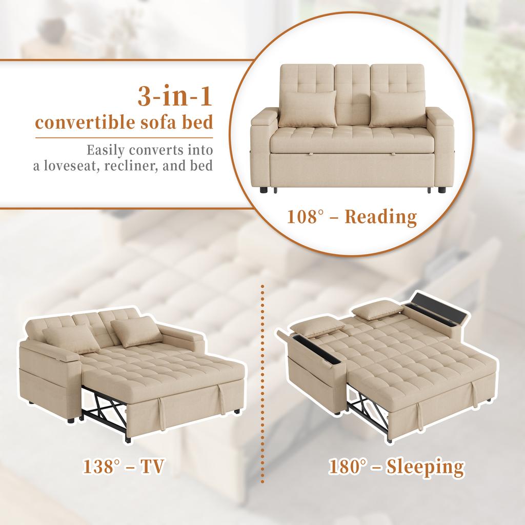 2-Seater Sofa Bed with Storage and Adjustable Backrest, with Armrest Compartments, Versatile Folding for Living Room, Bedroom or Apartment, Beige