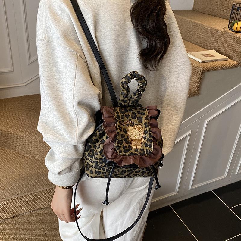 Hello Kitty Rucksack im koreanischen Retro-Stil mit Spitze und Leopardenmuster
