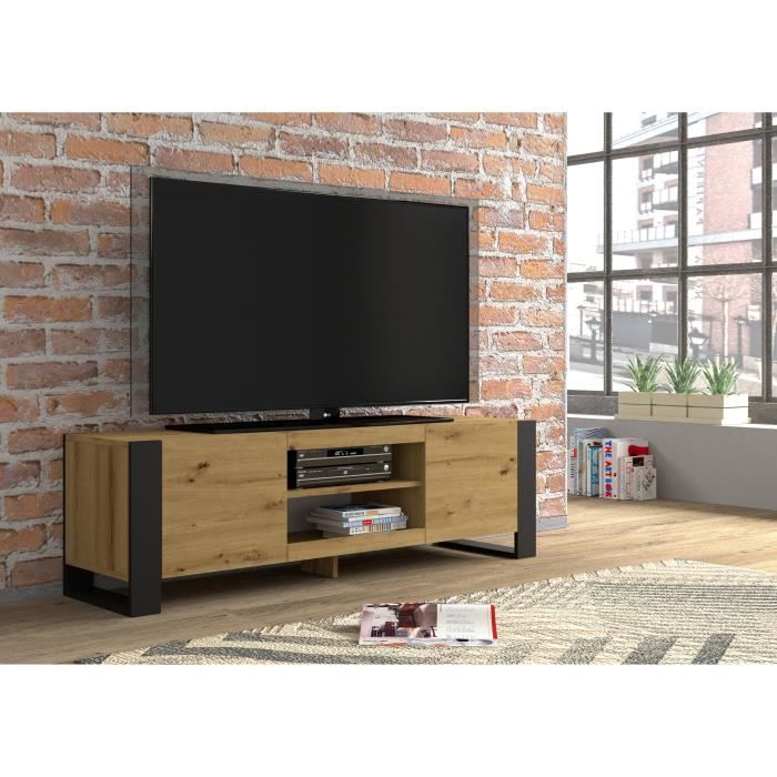 Meuble TV bas Mondi 158 cm Hi-Fi Commode avec pieds noirs Chêne artisanal