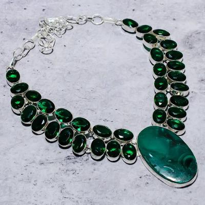 Natural Malachite, Diopside Gemstone 925 Sterling Silver Necklace 18" u1M25
