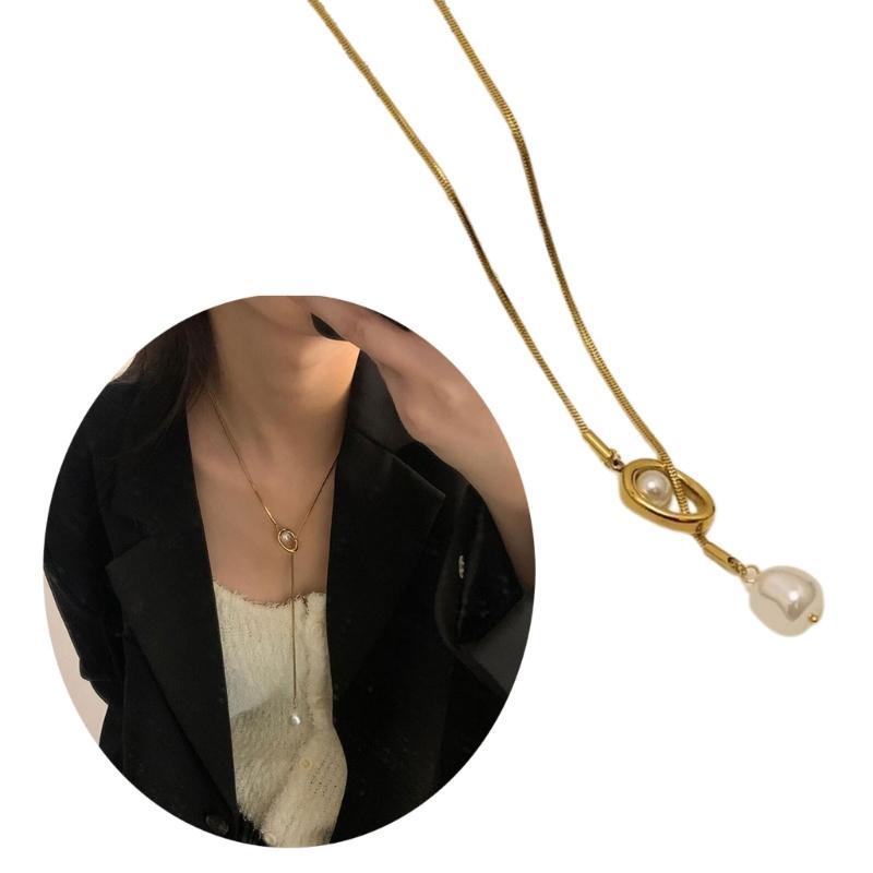 Sturdy Brass Adjustable Chain Baroque Pearls Pendant Long Necklace for Women's Fashion Sweater Chain Jewelry Accessory