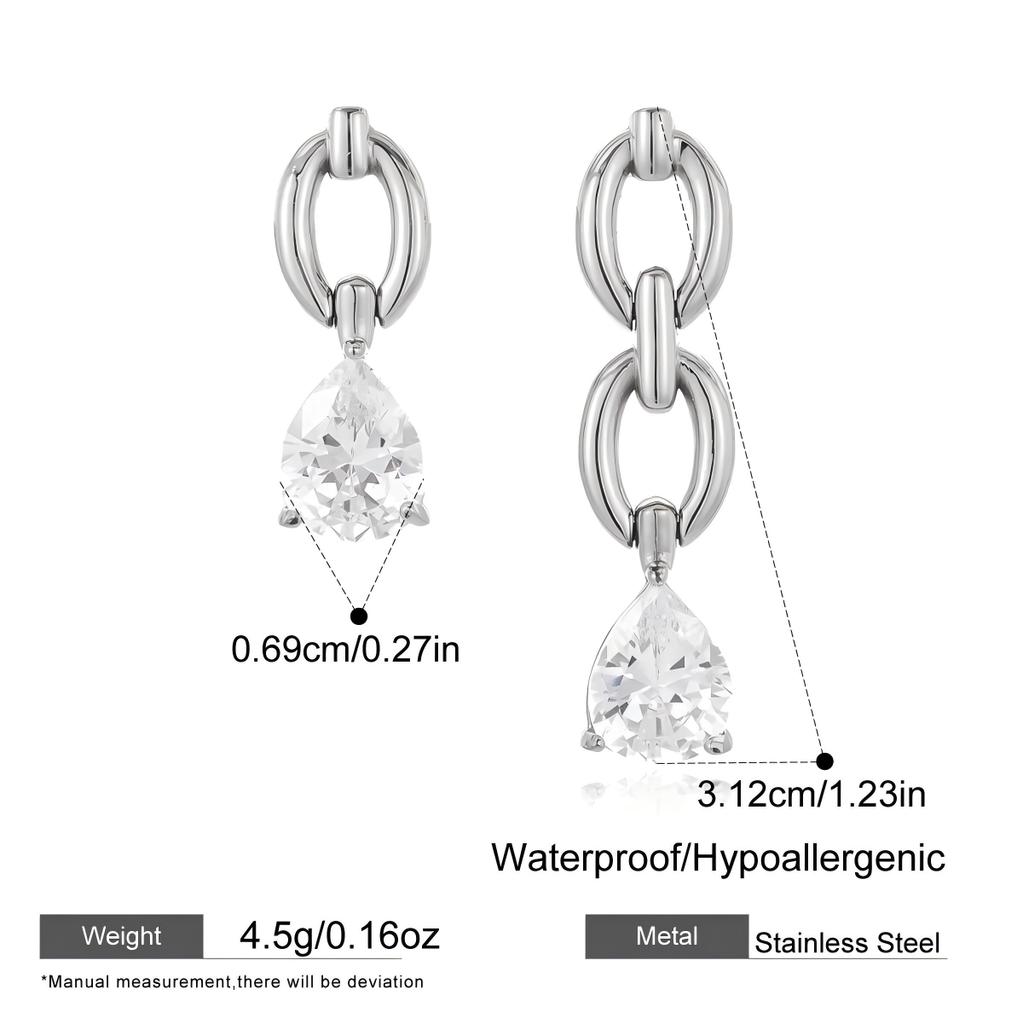 Stainless Steel Chain Link Teardrop Zircon Earrings PVD Gold Plated Statement Earrings