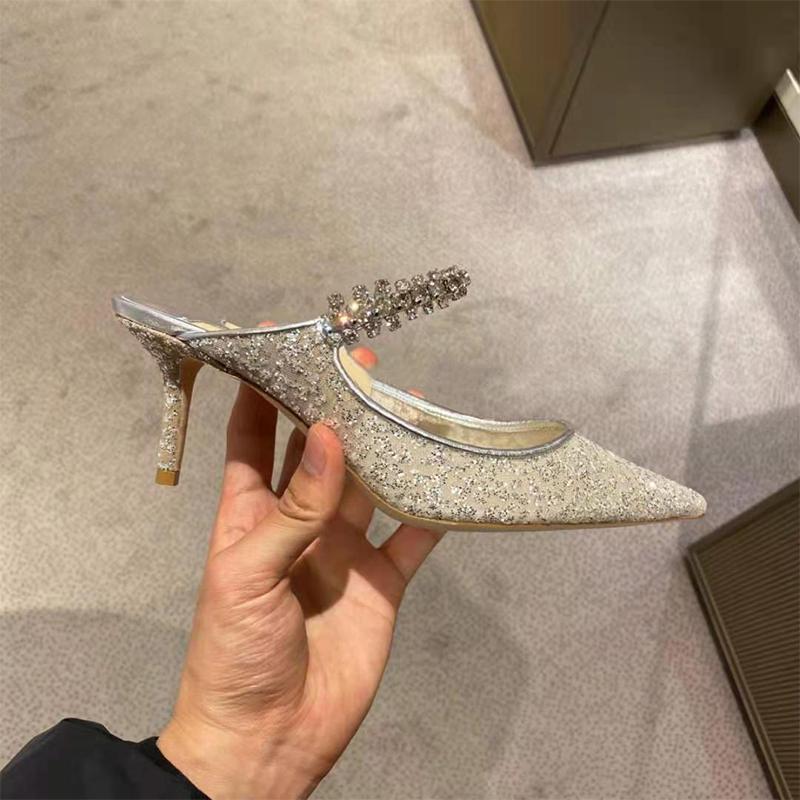 

Модная знаменитость Туфли-мюли с бриллиантовой цепочкой 2025 Лето Новинка Остроносые Сетчатые С пайетками Тонкий каблук Босоножки на высоком каблуке с одной линией 40