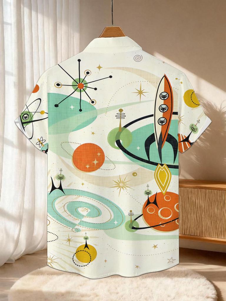 [Holiday Parties, Commuting] New Men's Casual Short-Sleeve Shirt, Vintage-Style Whimsical Interstellar Adventure with Adorable Cat Riding a Spaceship