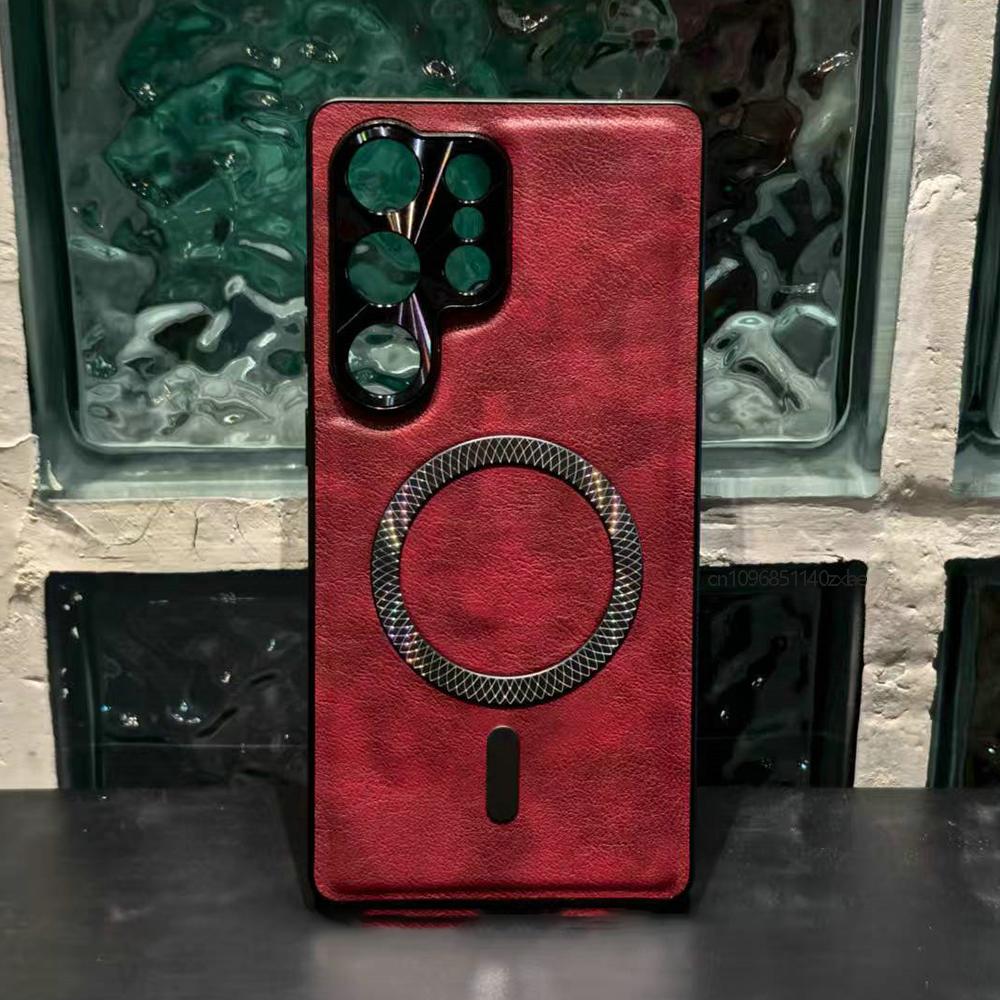 

Ретро чехол-магнит из кожи Crazy Horse для Samsung Galaxy S25 S24 S23 S22 S21 Ultra для MagSafe Простая текстура кожи Чехол Galaxy S25 красный