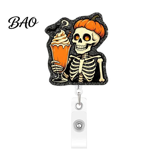 Halloween Badge Reel Retractable Reel, Skeleton And Pumpkin Design, Acrylic ID Card Clip Holder with Sturdy Metal for Nurses Office Staff Work