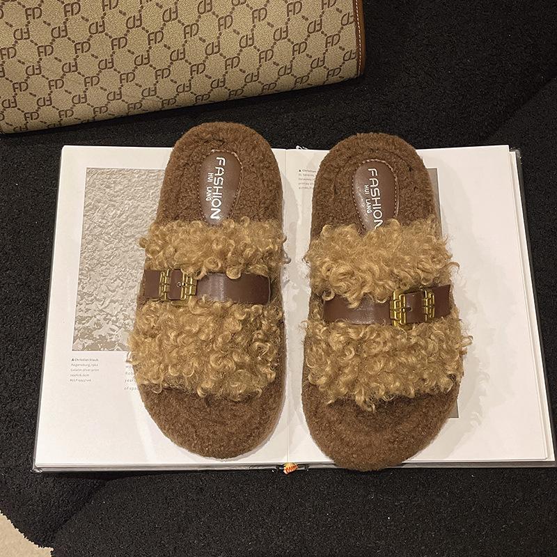 Curly Hair Thick-soled Fluffy Slippers Women's Outer Wear 2025 Autumn and Winter New Korean Version Soft-soled One-word Mop Versatile Casual Cotton Mo