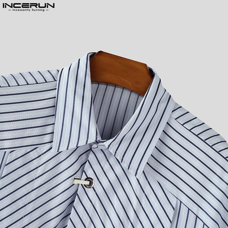 INCERUN Oversized Men Lapel Neck Short Sleeve Striped Print Pleating Shirts Tops