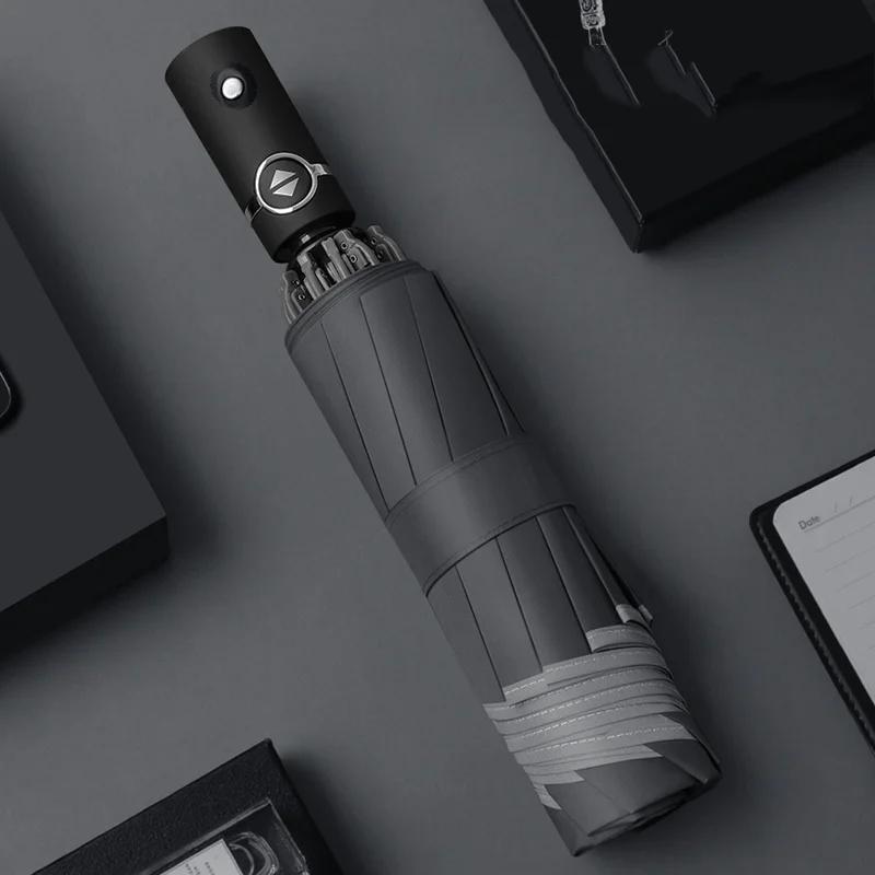 Automatischer Regenschirm mit reflektierendem Streifen, umgekehrter LED-Lichtschirm, drei faltbare umgekehrte 10 Rippen ohne Batterie