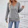 Women Tops V-Neck Long Sleeve Side Buttons Decor Casual Pullover Tops Solid Color Spring Autumn Blouse