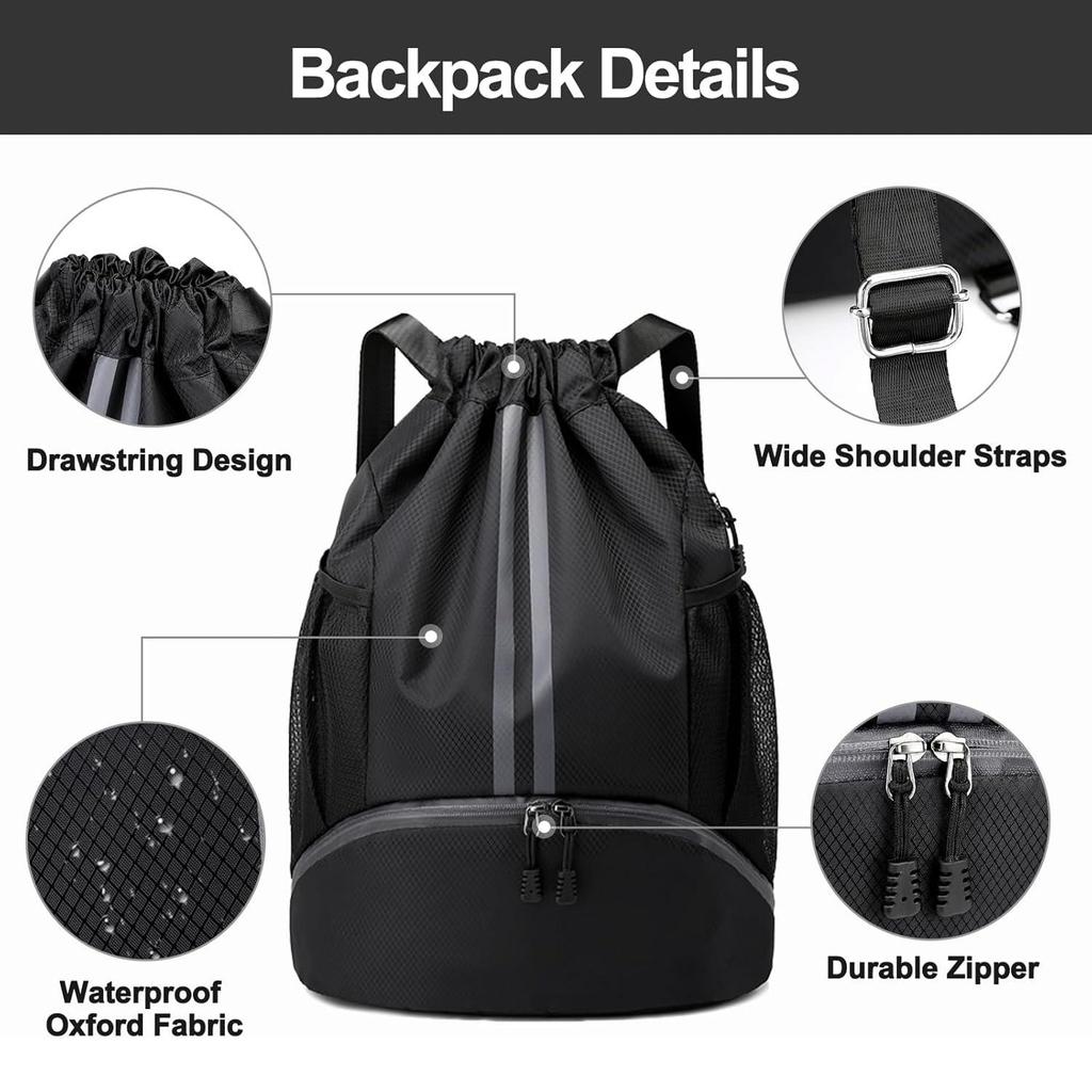 Sport-Rucksack mit Kordelzug und Schuhfach, nassfeste Tasche für Damen und Herren, große Kapazität, String-Sackpack für Schwimmen und Fitnessstudio