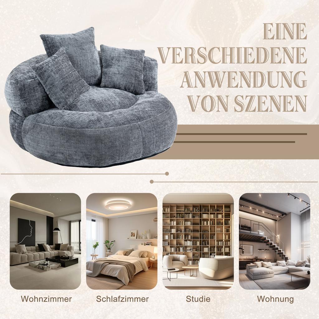 Lazy Sofa High Back Bean Bag Chair Couch with Three Cushions for Adults and Children, Single Gaming Sofa Chair for Bedroom, Office (Gray Chenille)