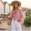 Women's Casual Loose Fit Striped Long Sleeve Round Neck Self-Tie Blouse