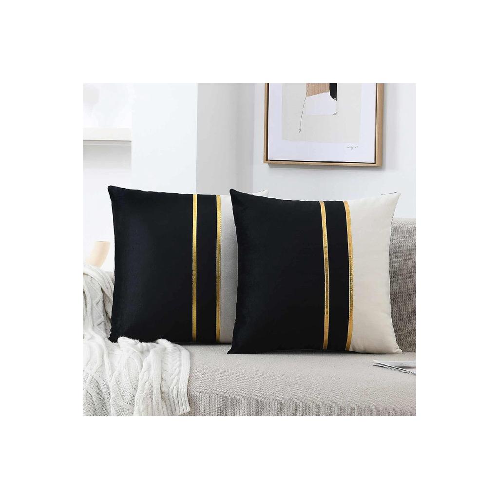 2 Pcs Velvet Look Decorative Throw Pillow Covers With Gold Leather Strips