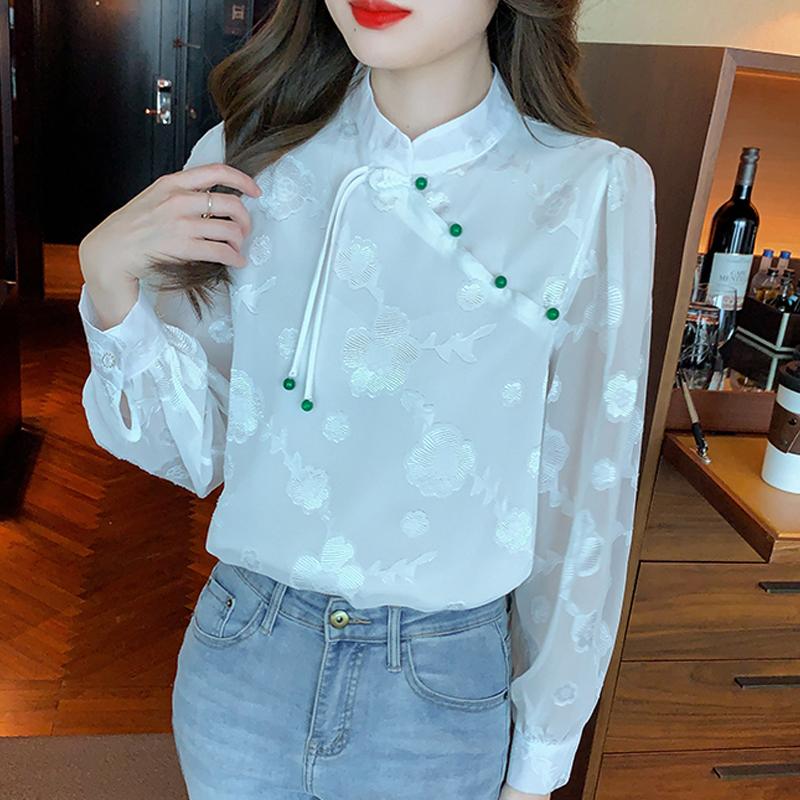 2025 Spring New Chinese Style Women Blouses Shirts Long Sleeve Stand Collar Black White Chiffon Blouse Shirt Women Tops J771