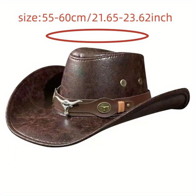 Vintage Style Cowboy Hat with Bull Head Buckle and Rivet Details - Wide Brim, Faux Leather Jazz Cap for Men and Women, Lightweight, Durable