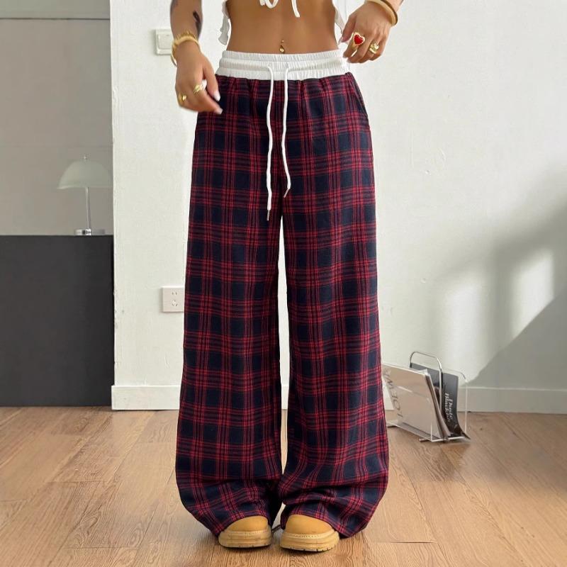 Loose Lazy Straight Leg Plaid High Waist Casual Sports Pants