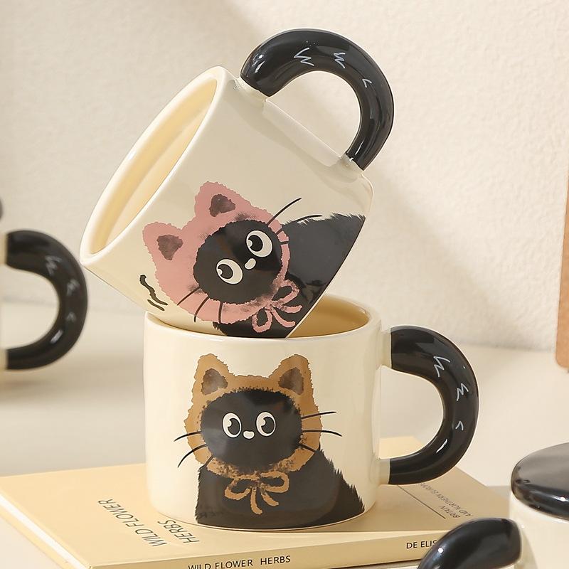 Cute Hat Cat Mug with Lid Cute Cartoon Animal Ceramic Cup Office Home Coffee Water Cup