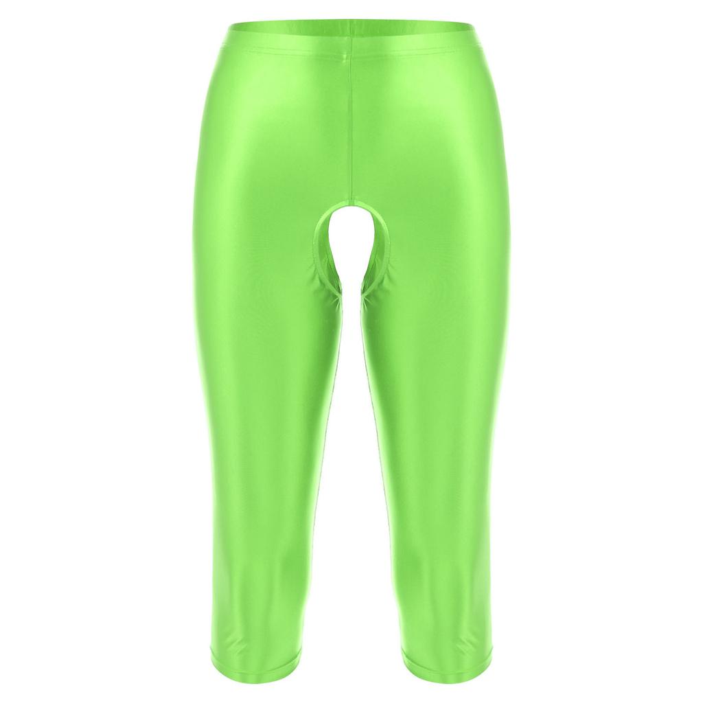 Mens Glossy Open Crotch Shorts Stretchy Elastic Waistband Slim-Fit Leggings Smooth Fabric for Gym Club Outfits