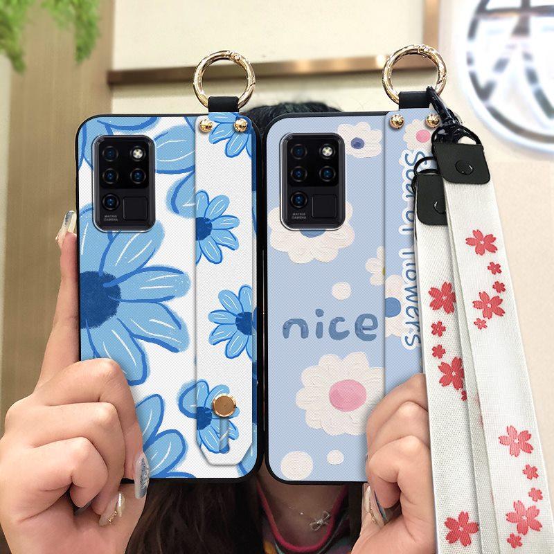 Waterproof Durable Phone Case For Oukitel C21 Wristband Wrist Strap Shockproof Silicone Kickstand Protective Ring Flower