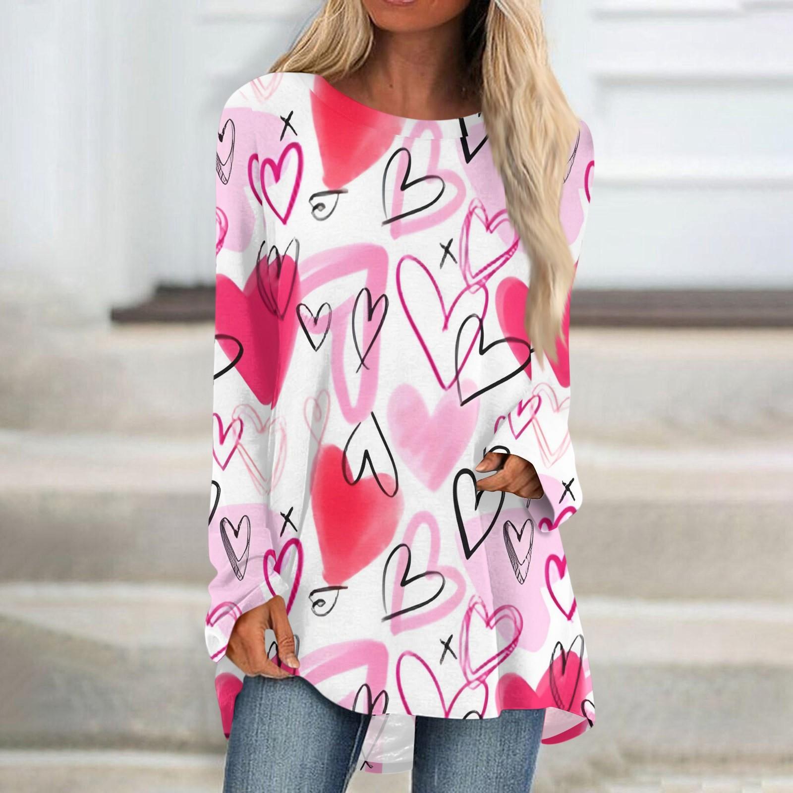 

Женская мода повседневная блузка с длинным рукавом и принтом «Любовь ко Дню святого Валентина», круглый вырез, пуловер XXL красный